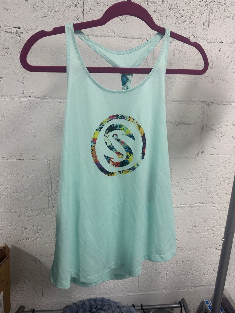 SCALES Tank NWT Aqua Floral Logo Racerback Tank - Braided Back - Size Small